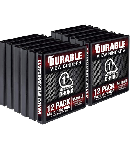 Durable 1 Inch D Ring Black Binder/Customizable Clear View Binder/Bulk Binder 12 Pack/Black 3 Ring Binder/One Inch Binder