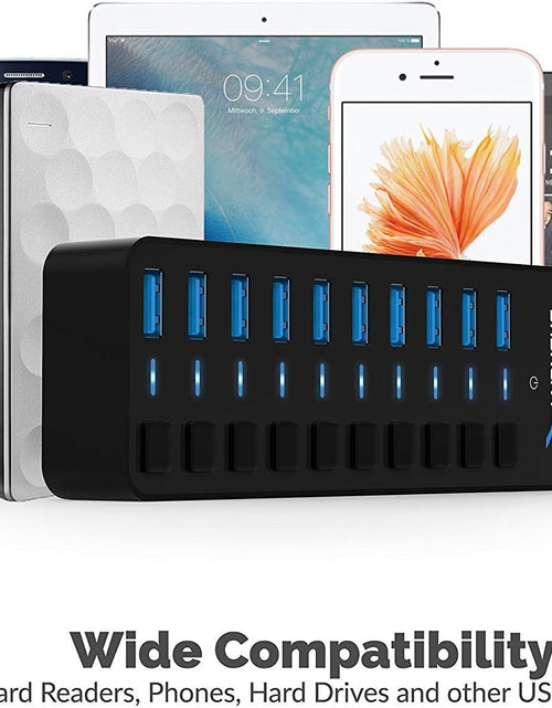 Load image into Gallery viewer, 10-Port 60W USB 3.0 Hub with Individual Power Switches and Leds Includes 60W 12V/5A Power Adapter (HB-BU10)
