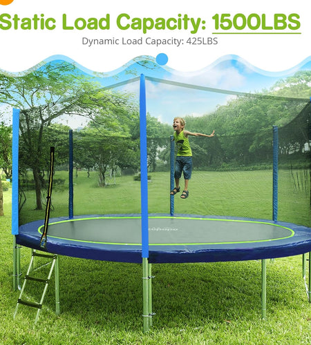 15 14 12 10 8FT Trampoline for Kids with Safety Enclosure Net 425LBS Weight Capacity Outdoor Backyards Trampolines with Non-Slip Ladder All Accessories for Children Adults Family