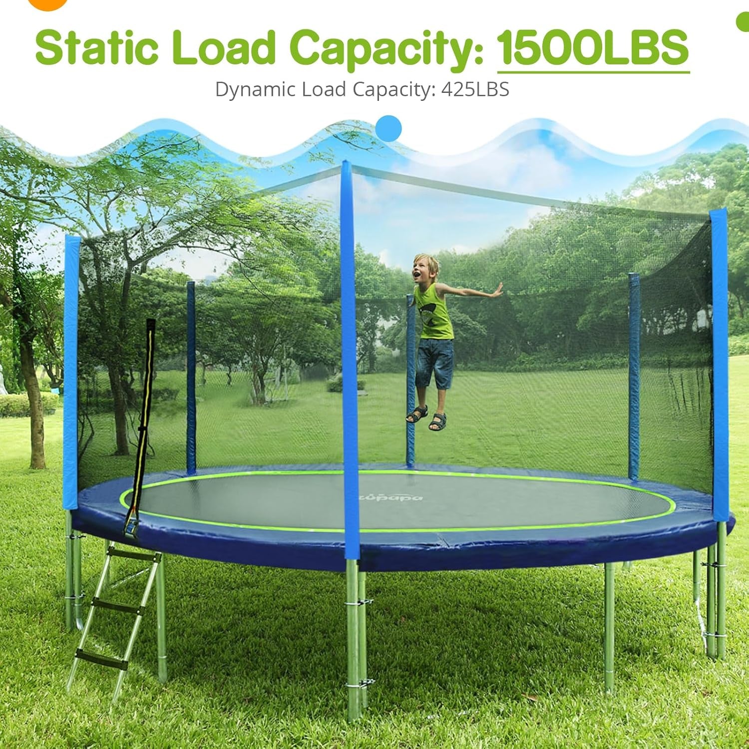 15 14 12 10 8FT Trampoline for Kids with Safety Enclosure Net 425LBS Weight Capacity Outdoor Backyards Trampolines with Non-Slip Ladder All Accessories for Children Adults Family